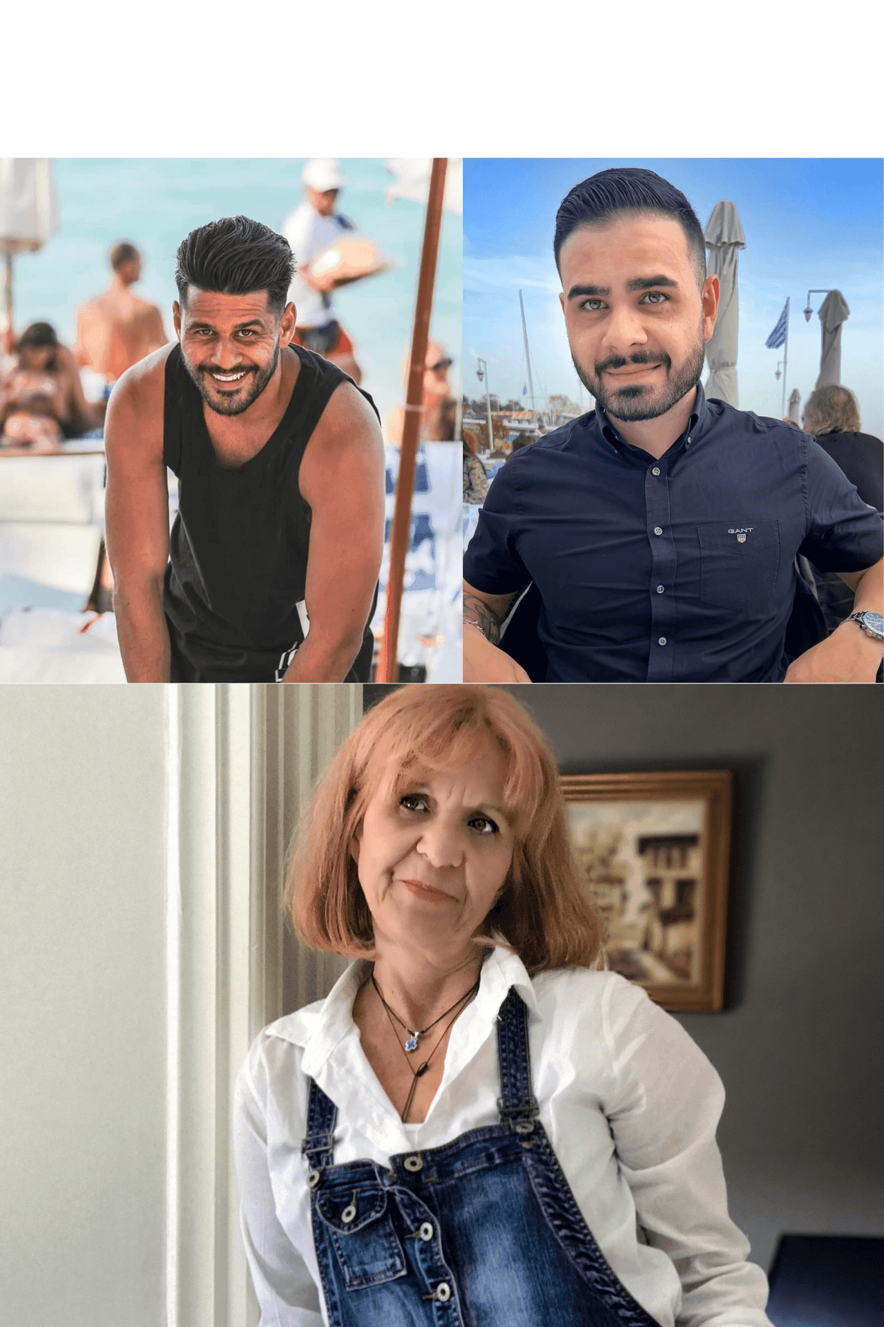 Collage of three people, two men and one woman, with beach and indoor backgrounds.